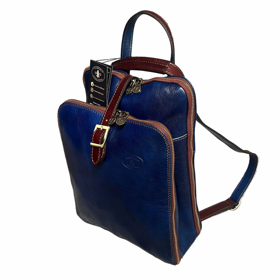 zaino a triplo scomparto in pelle blue navy e marrone zaino uomo donna made in italy cuoieria italiana