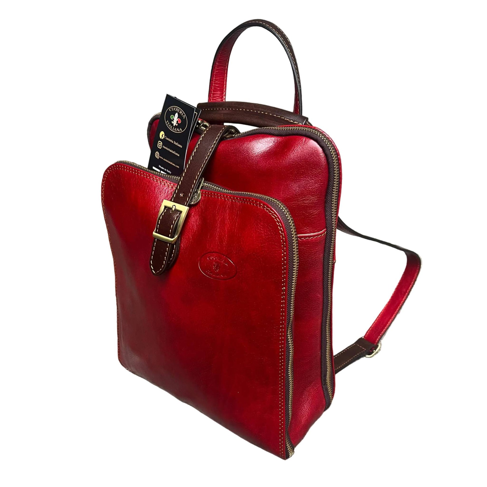 zaino a triplo scomparto in pelle rosso e marrone zaino uomo donna made in italy cuoieria italiana