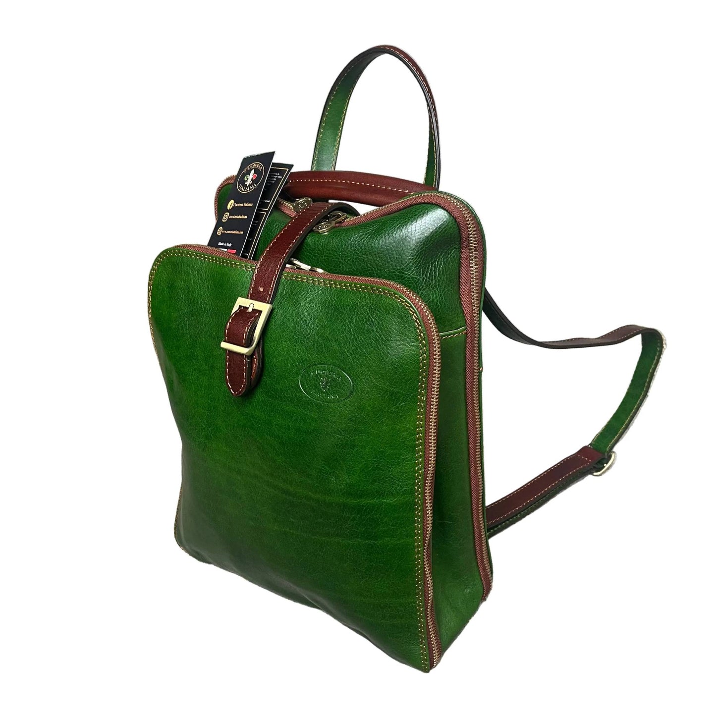 zaino a triplo scomparto in pelle verde e marrone zaino uomo donna made in italy cuoieria italiana