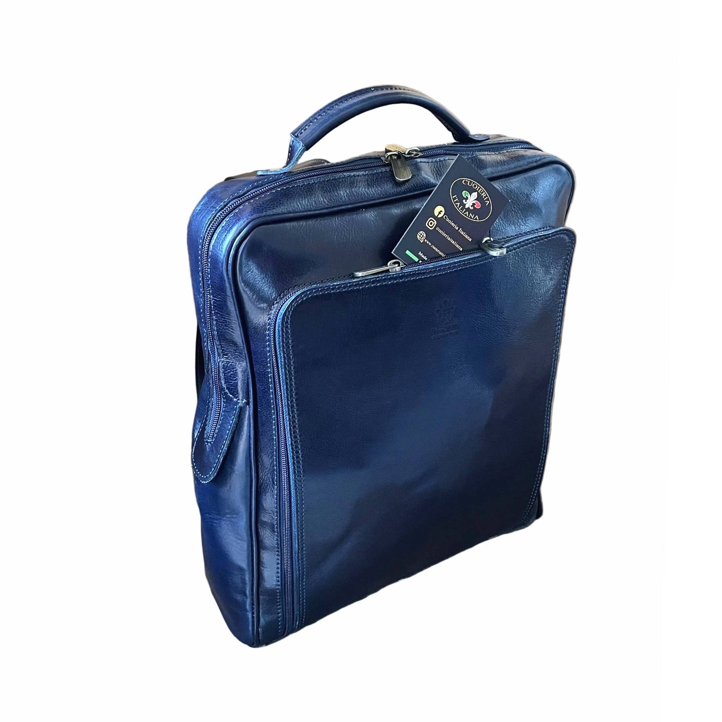 zaino grande compatto in pelle blu borsa in cuoio made in italy cuoieria italiana