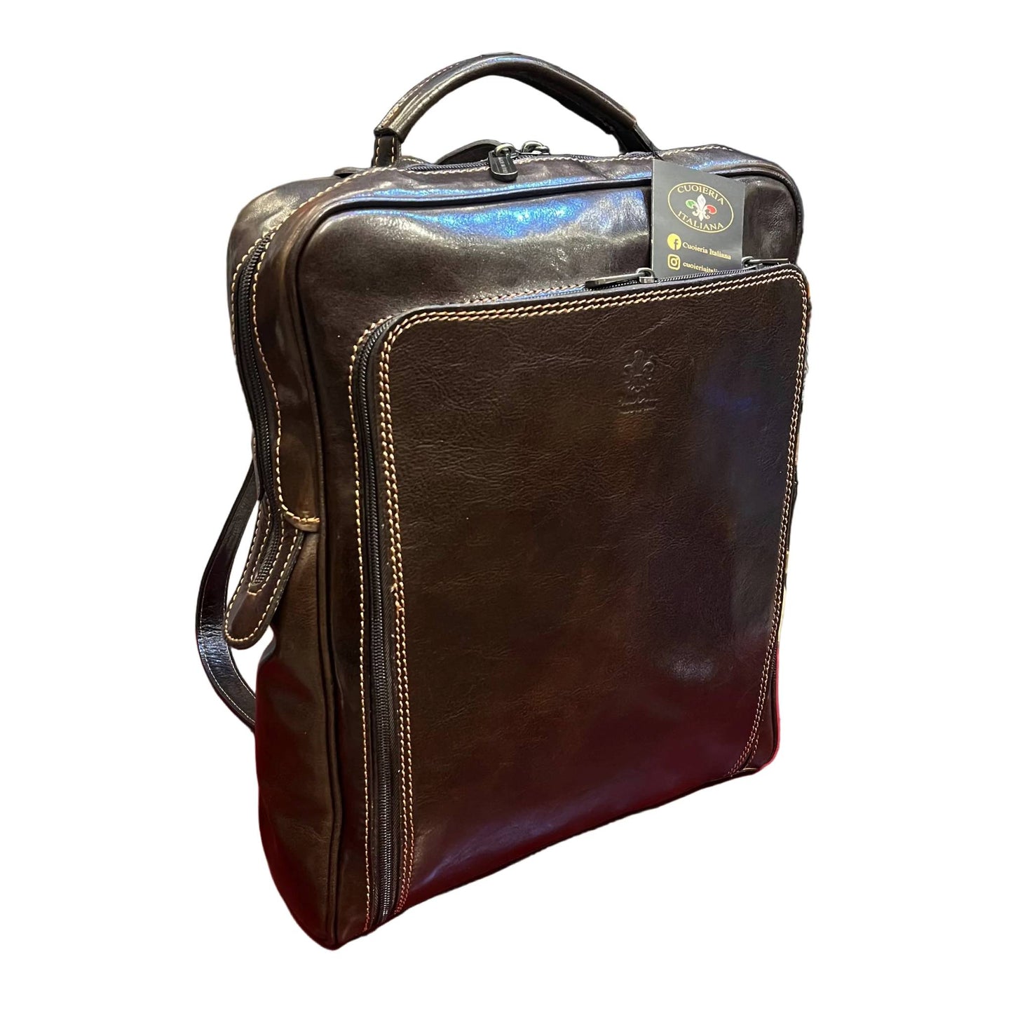 zaino grande compatto in pelle marrone testa di moro borsa in cuoio fatta a mano made in italy cuoieria italiana
