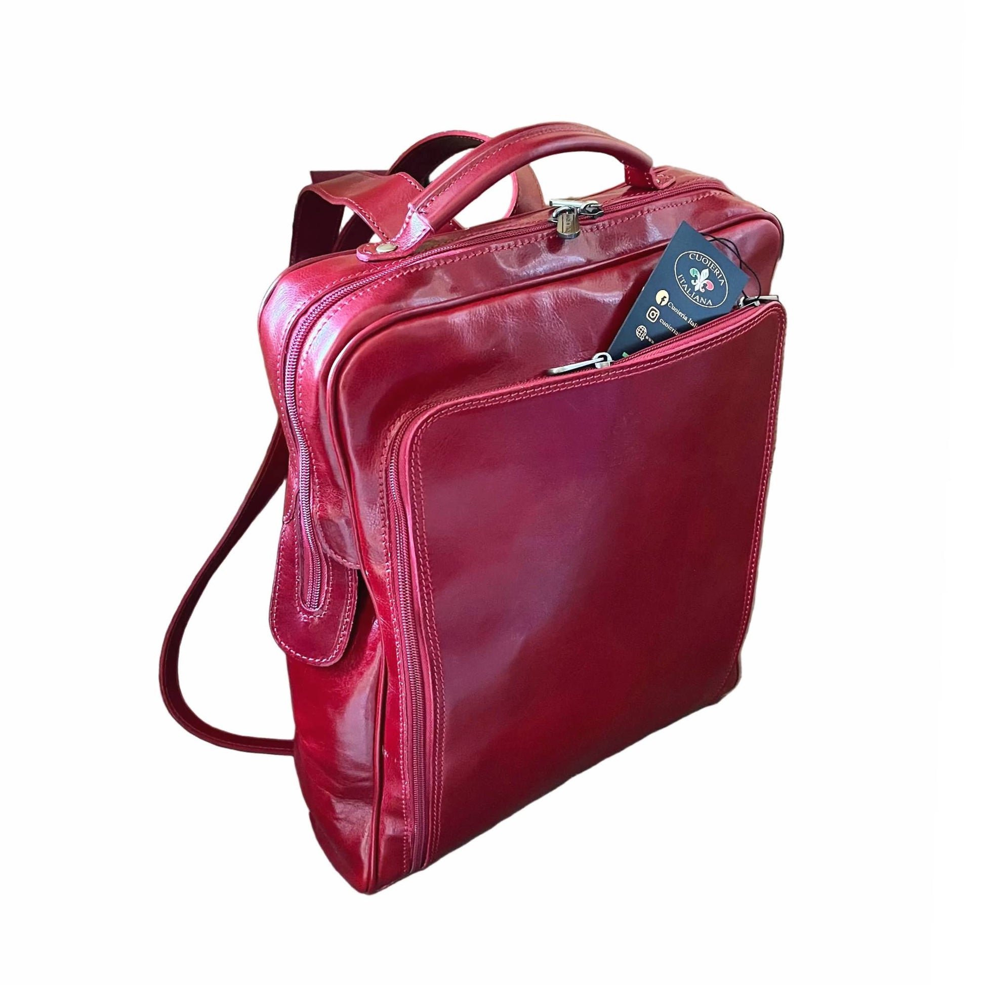 zaino grande compatto in pelle rosso borsa in cuoio made in italy cuoieria italiana