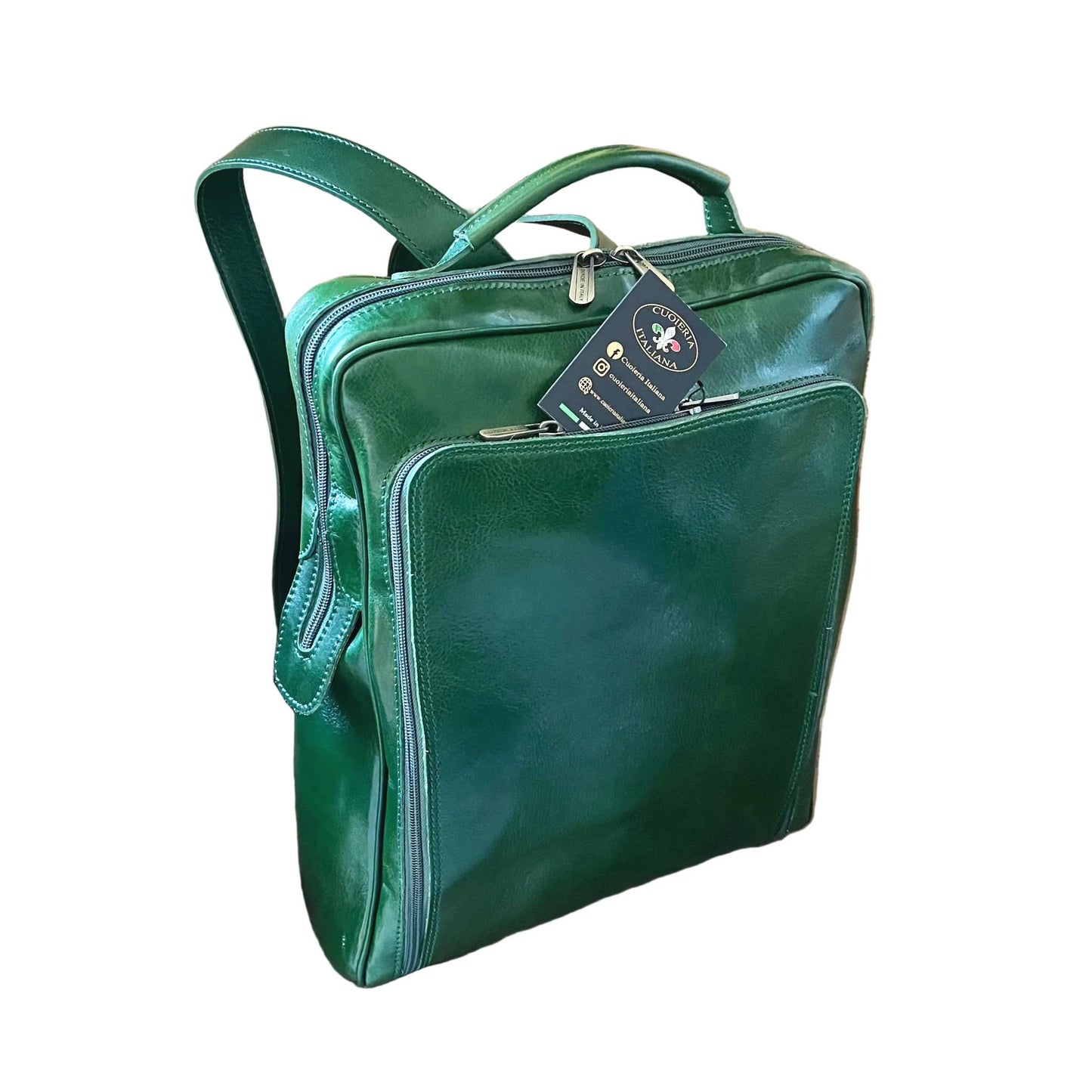 zaino grande compatto in pelle verde borsa in cuoio made in italy cuoieria italiana