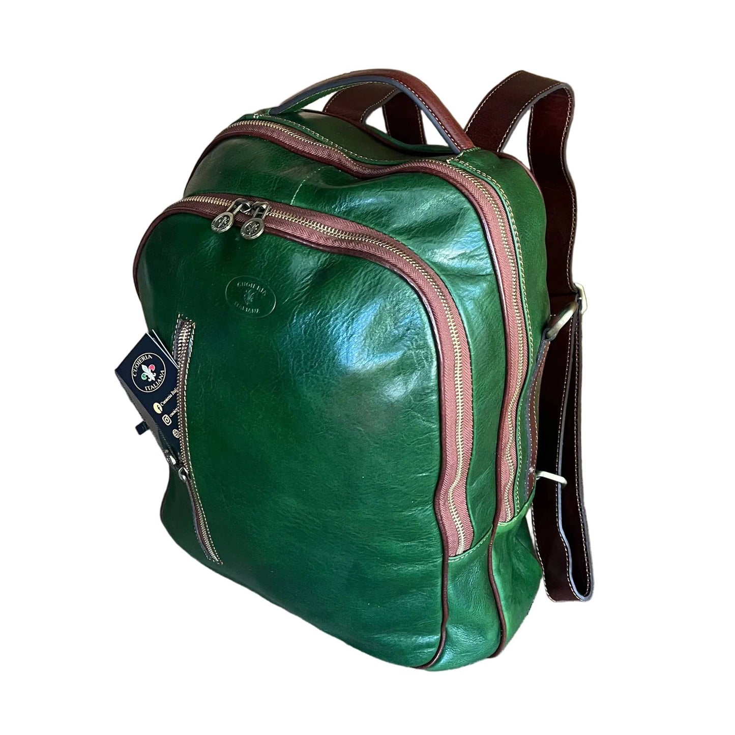 zaino grande in pelle verde e marrone borsa porta PC made in italy cuoieria italiana