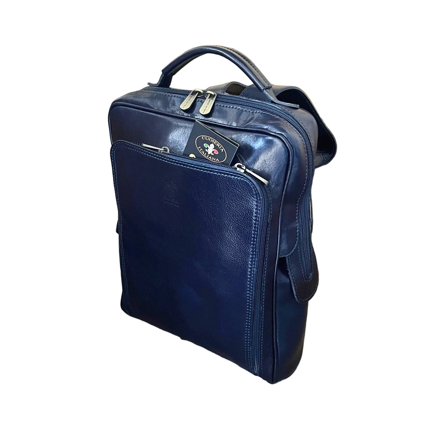 zaino medio compatto in pelle blu borsa in cuoio made in italy cuoieria italiana