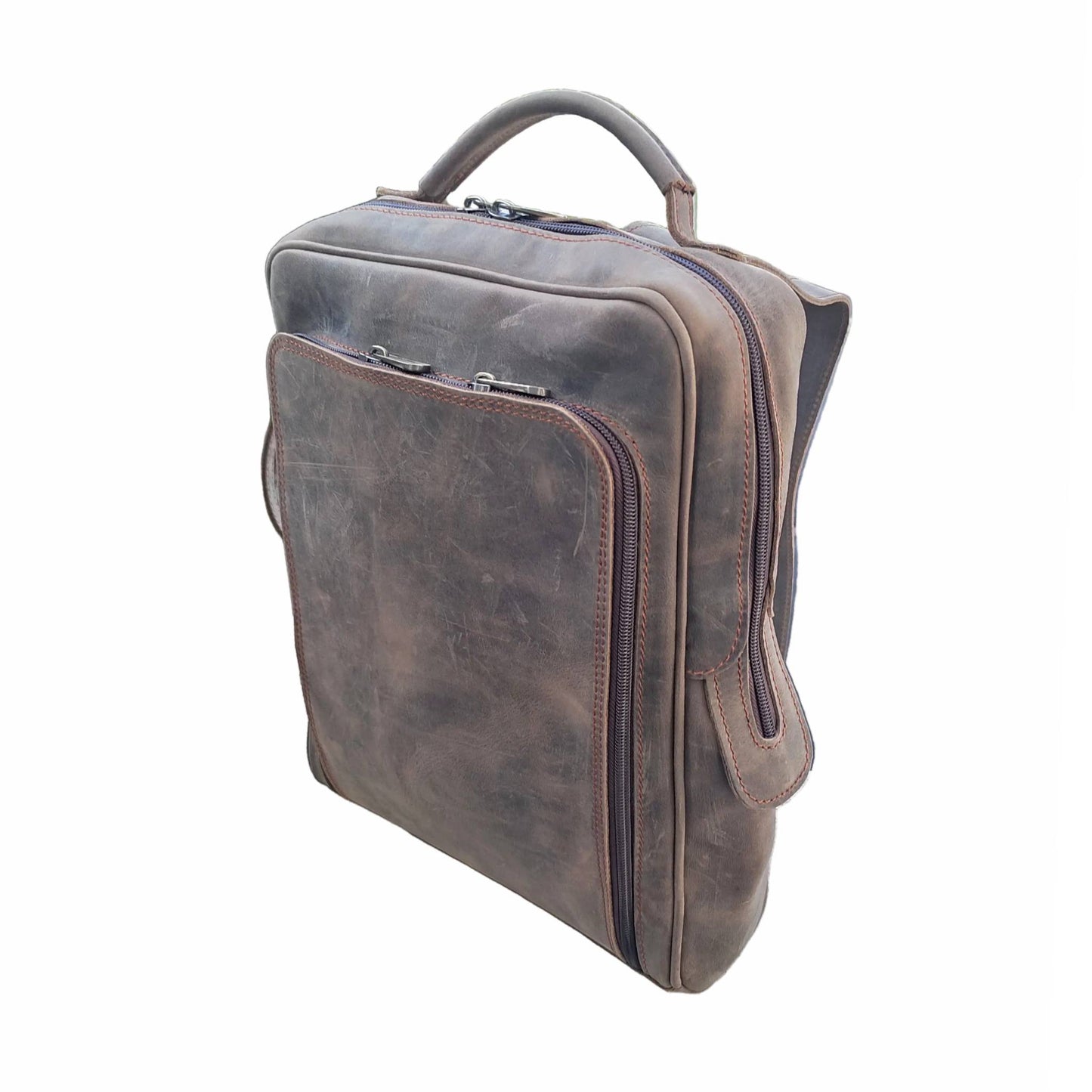 zaino medio compatto in pelle cuoio invecchiato scuro borsa in cuoio made in italy cuoieria italiana