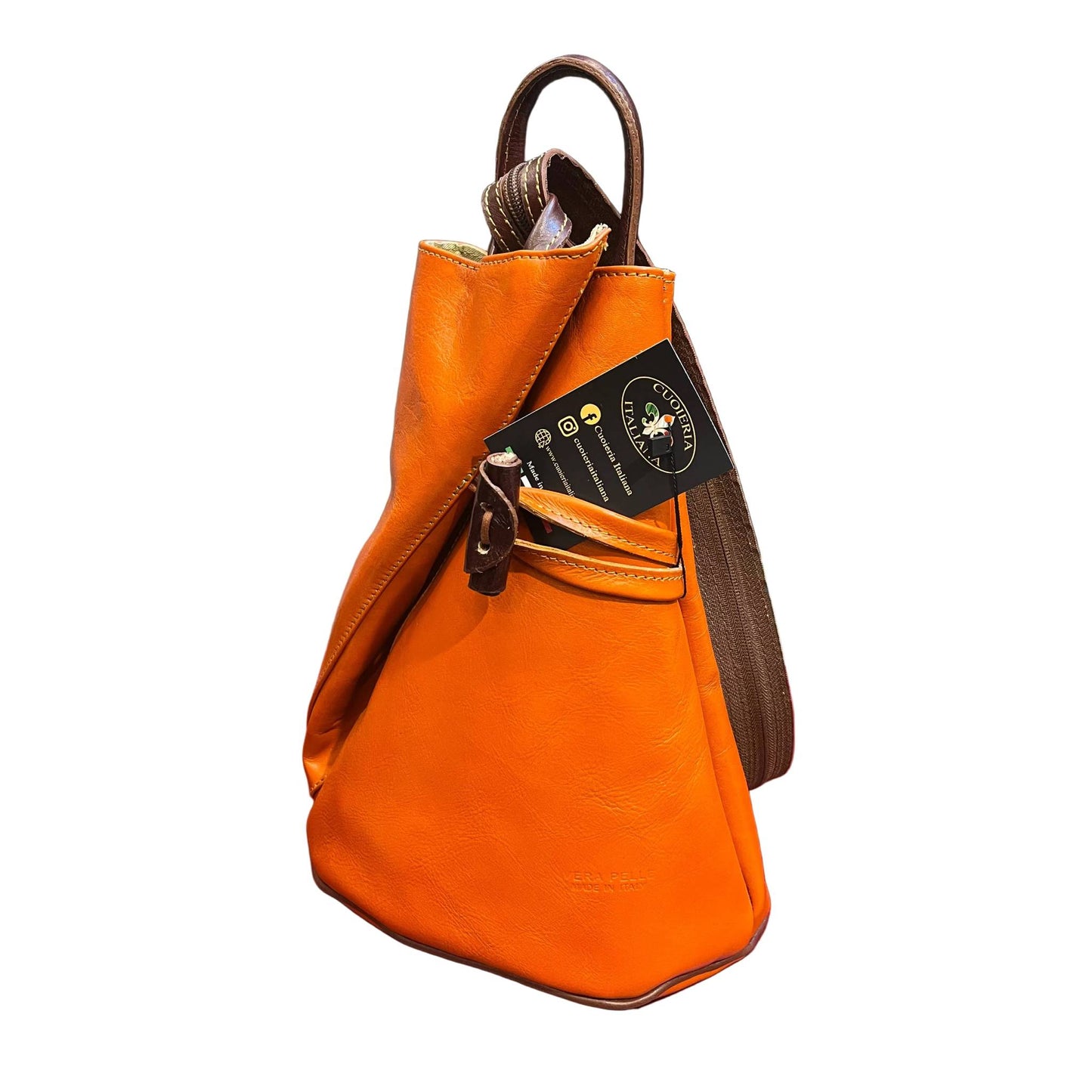 zaino spallone da donna in vera pelle arancione e marrone borsa fatta a mano in cuoio made in italy cuoieria italiana