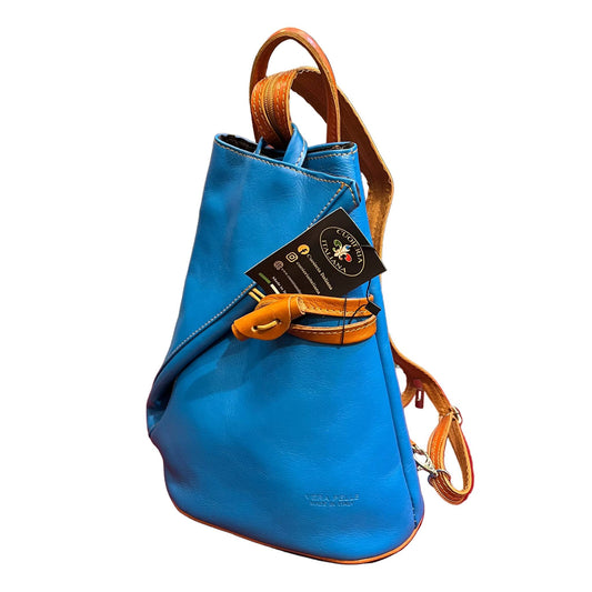 zaino spallone da donna in vera pelle turchese e tinta cuoio naturale borsa fatta a mano in cuoio made in italy cuoieria italiana